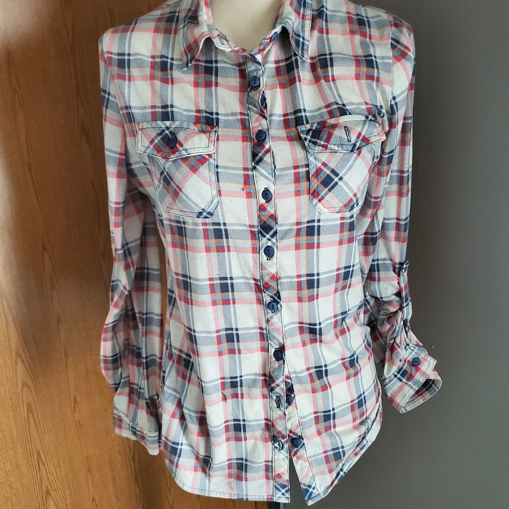Flannel shirt with pink, navy, peach plaid